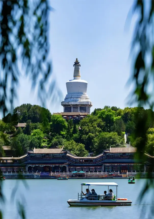 White Dagoba on Qionghua Island at Beihai Park, Beijing, a landmark of imperial gardens and Tibetan-Han architecture.