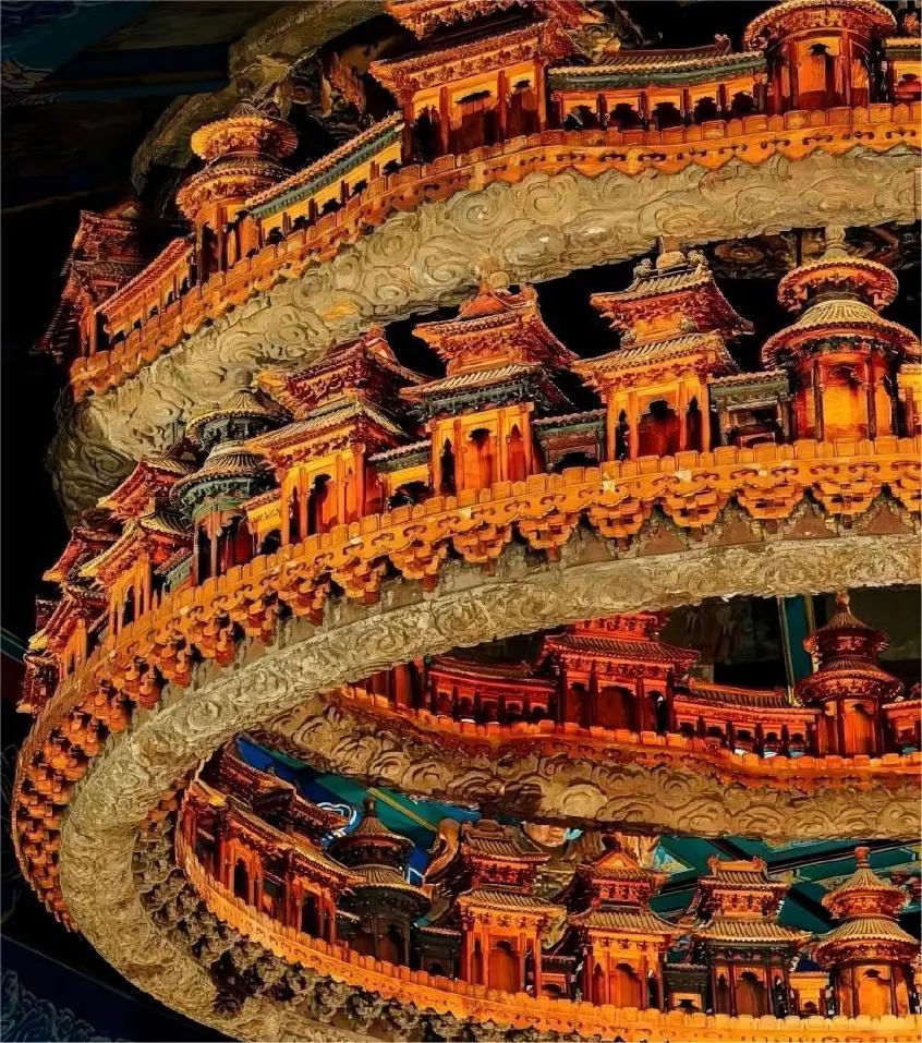 Detailed close-up of the Longfusi Heavenly Palace Caisson at the Beijing Ancient Architecture Museum, highlighting intricate carvings and traditional architectural craftsmanship.
