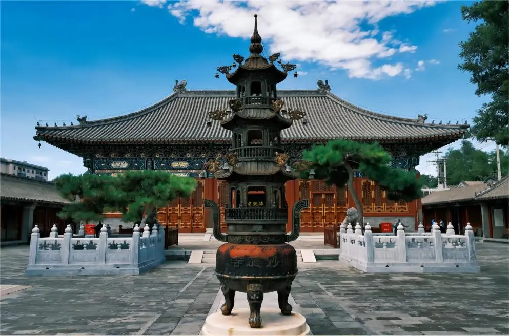 Main hall of Beijing Baitasi Temple, central to Buddhist worship and architecture.