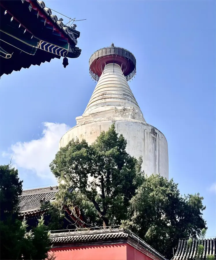 Distant view of the White Pagoda at Beijing Baita Temple against the skyline.