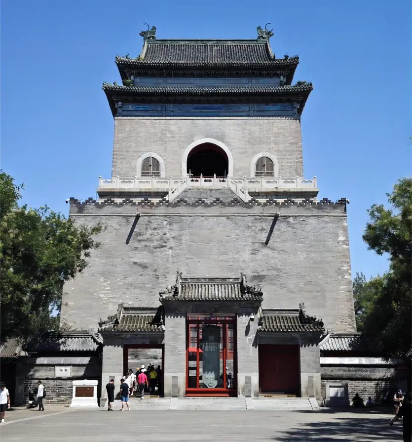Beijing Bell and Drum Towers at dawn, with warm morning glow illuminating the ancient Zhonglou and Gulou.
