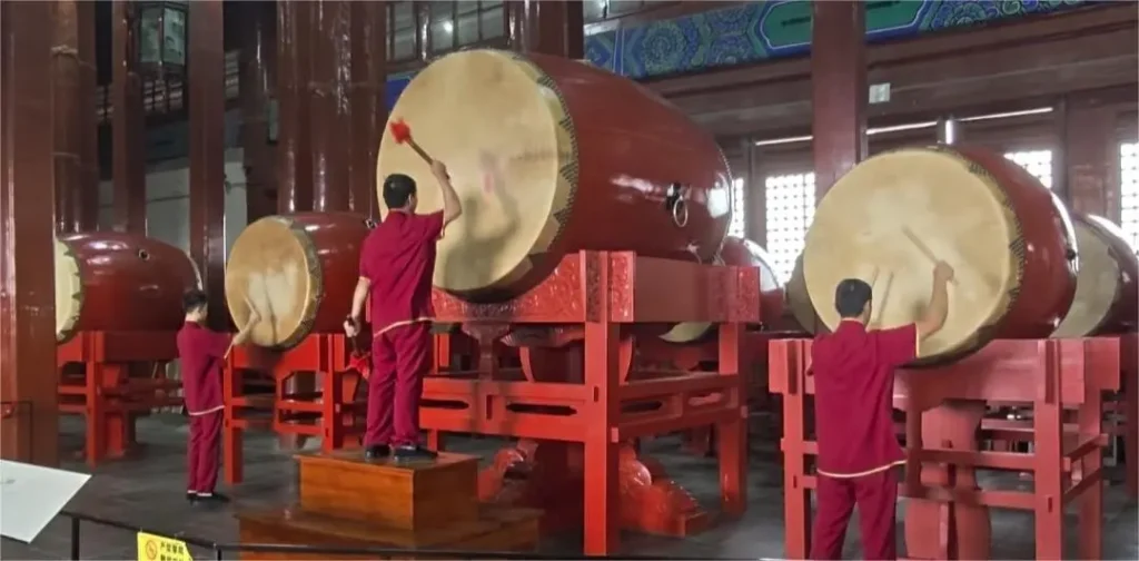 The traditional drum inside the Beijing Drum Tower, reflecting the heritage of the Gulou.