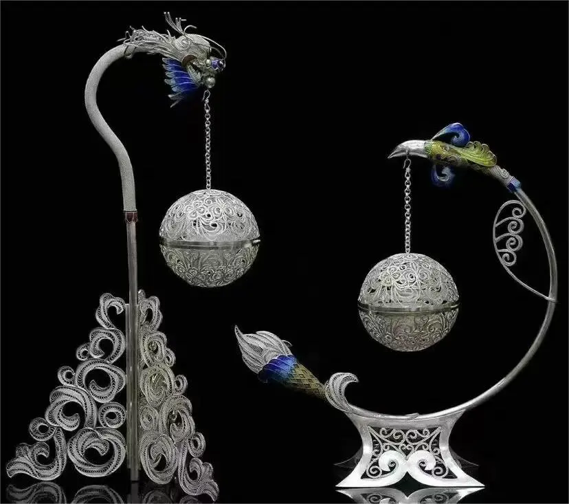 Dragon and Phoenix Incense Ball made with Chengdu Silver Filigree (Yinhuasi)
