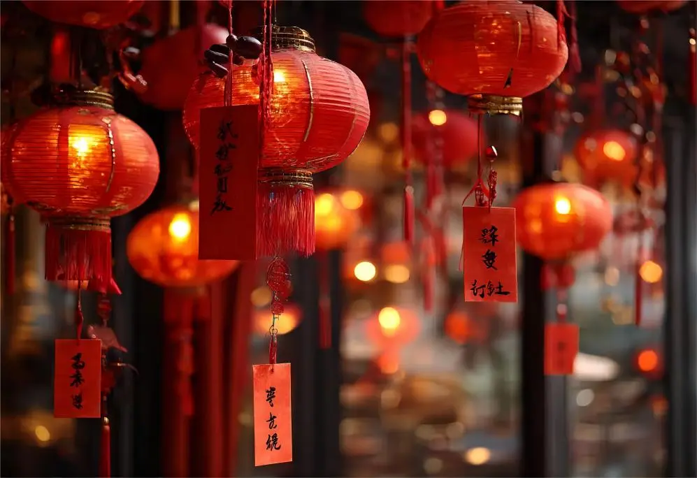 Lantern Festival celebration with riddles and lights during China public holidays, symbolizing joy and family reunion.