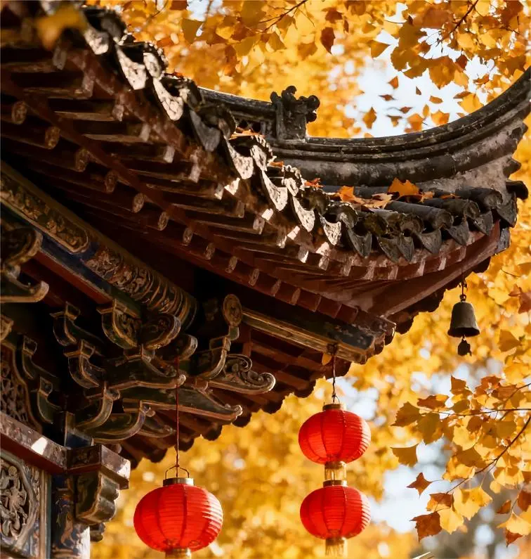 Autumn yellow leaves and scenic view during the Chongyang Festival, a perfect backdrop for enjoying traditional Chongyang Festival food.
