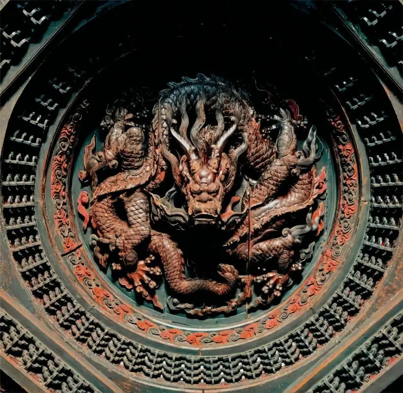 Architectural detail of the Grand Hall roof at Dajue Temple, showcasing classic Liao–Ming Buddhist craftsmanship.