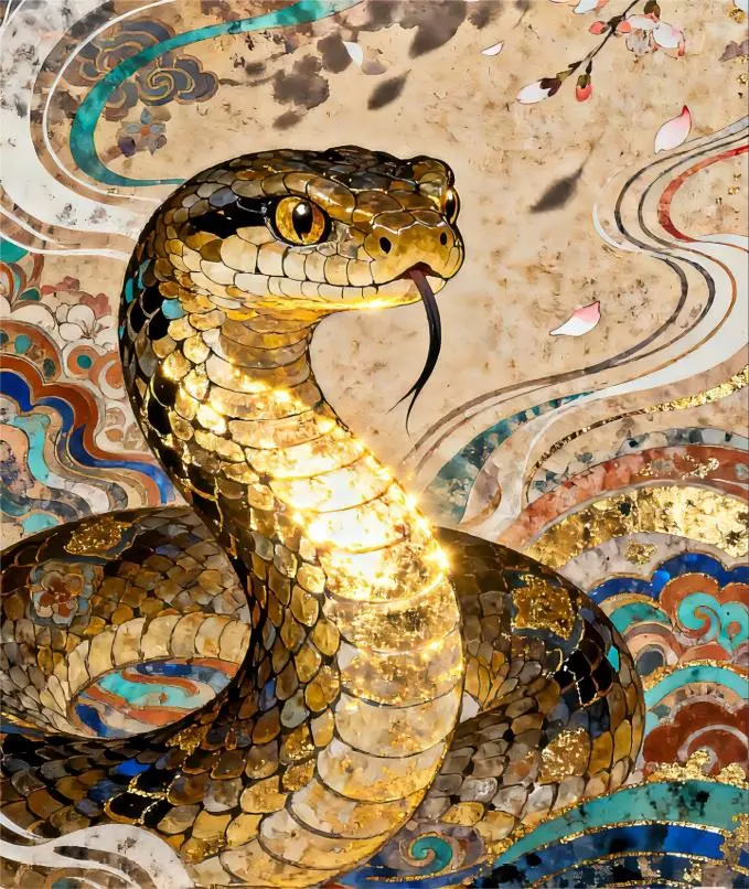 Dunhuang-style illustration of the Snake Chinese zodiac, featuring traditional mural art elements, flowing lines, and classical Chinese aesthetics