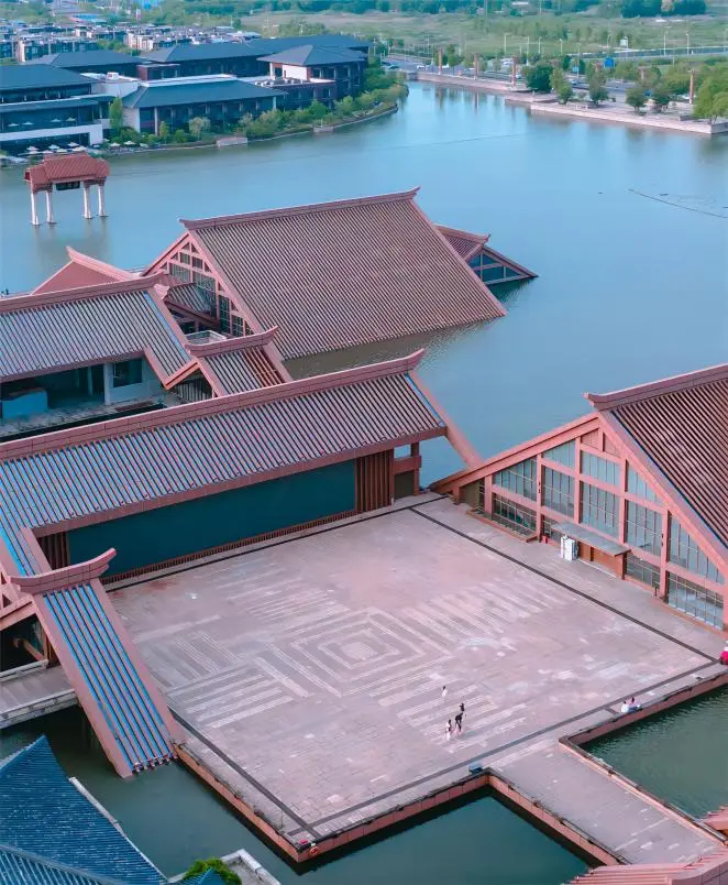 Aerial view of the Guangfulin Shanghai underwater museum floating on Fulin Lake.