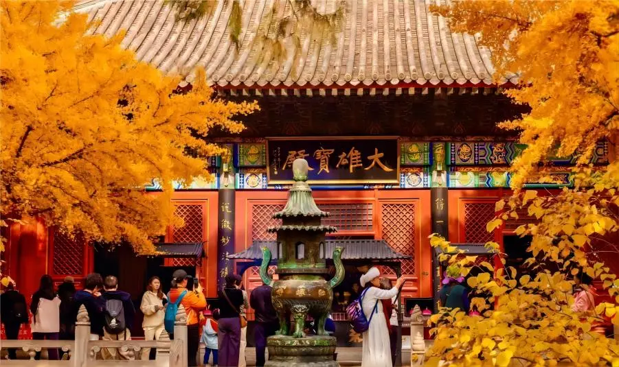 Worshippers praying for blessings in front of the Main Hall at Hongluo Temple, Beijing