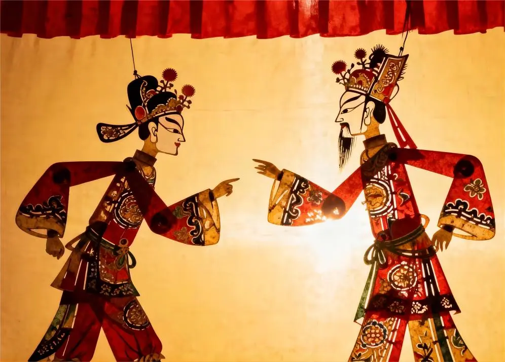 Live Huaxian Shadow Puppetry show on stage in Xi’an, part of China’s intangible cultural heritage.