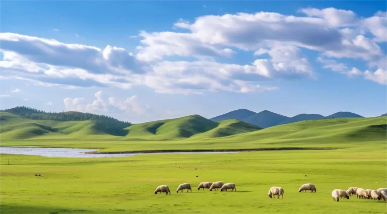 Springtime at Kangxi Grassland, Beijing, with blooming wildflowers and lush green meadows.