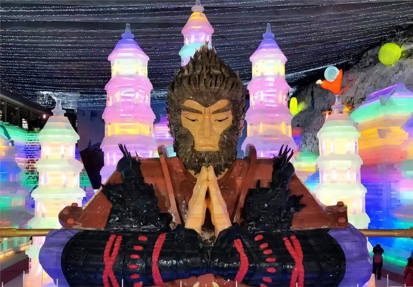 Sun Wukong ice sculpture at Longqing Gorge Ice Lantern Festival, Beijing winter attraction