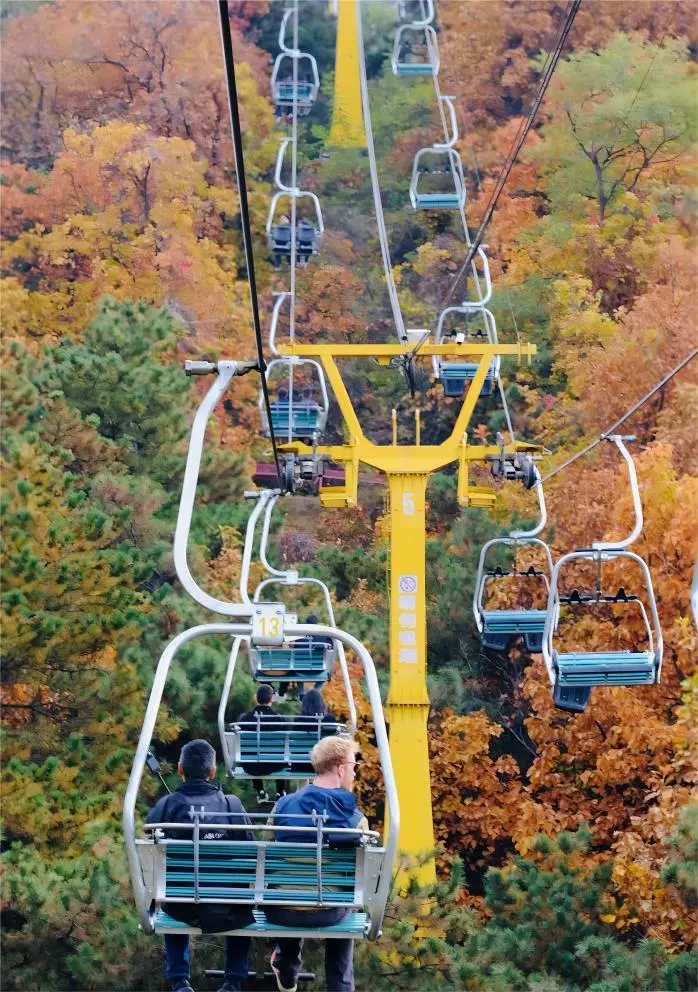 Visitors riding the cable car above the Mutianyu Great Wall with a stunning aerial view.