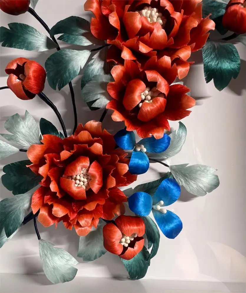 Nanjing Velvet Flower (Ronghua) Peony Ornament, symbolizing prosperity and honor in Chinese culture, handcrafted from silk and copper wire.