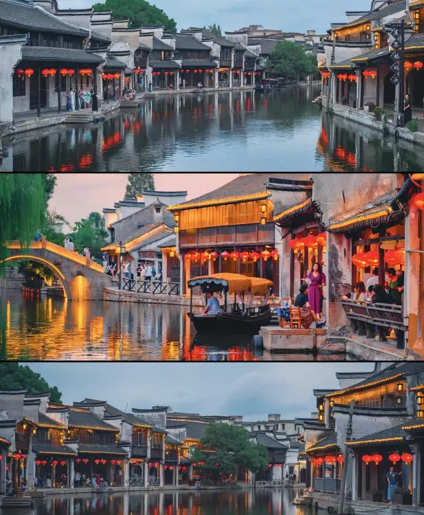 Evening scenery of Nanxun Water Town from Shanghai, showcasing glowing bridges and traditional Jiangnan architecture.