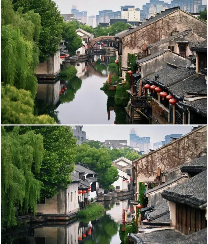 Sunny day in Nanxun Water Town from Shanghai, showing canals, traditional buildings, and clear skies.