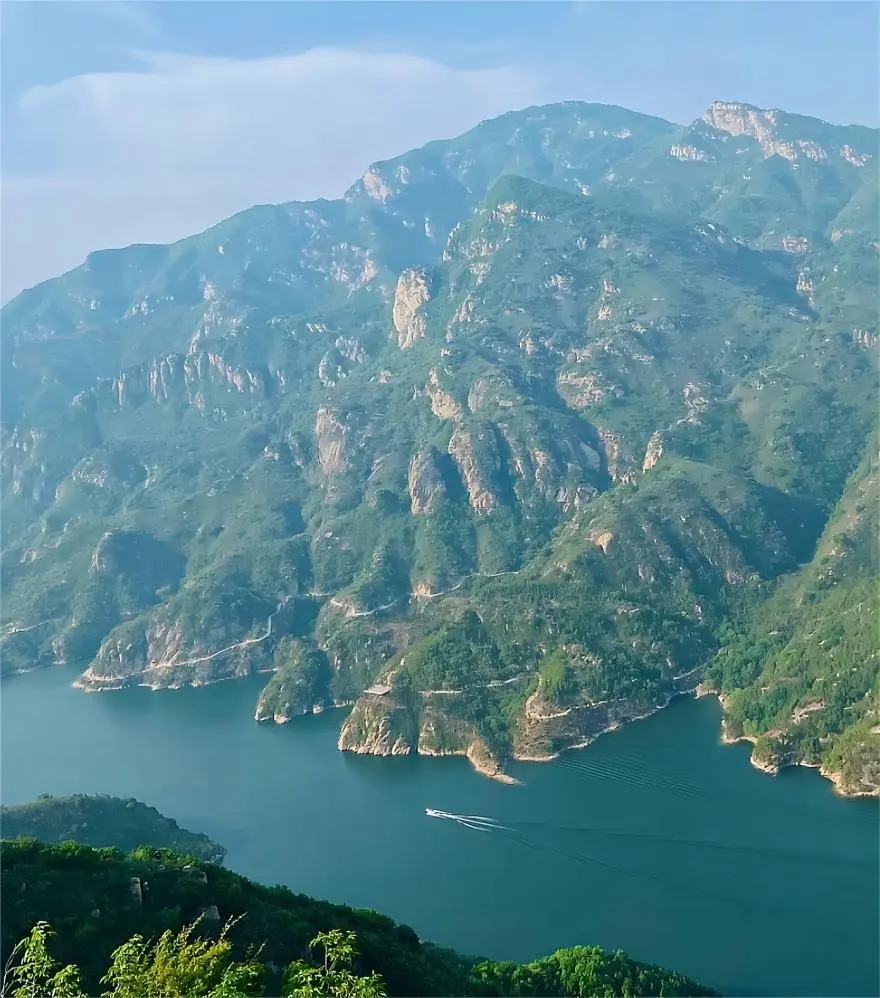 Aerial panorama of Qinglong Gorge showing canyon and reservoir