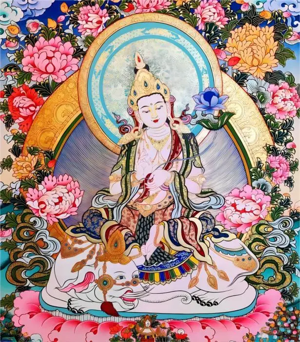 Regong Tibetan Thangka featuring Samantabhadra Bodhisattva in traditional style