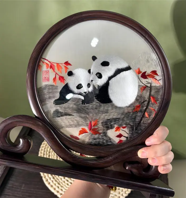 Front side of double-sided Shu Embroidery (Shuxiu) featuring adorable pandas