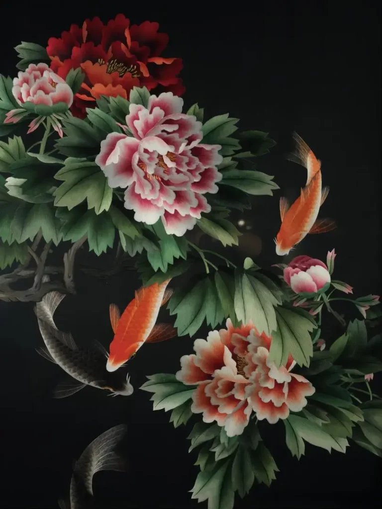 Shu Embroidery (Shuxiu) artwork of hibiscus and koi fish in vibrant silk colors