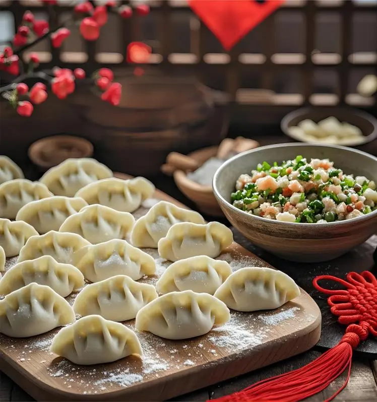 Freshly wrapped jiaozi prepared for Spring Festival, symbolizing reunion and good fortune.