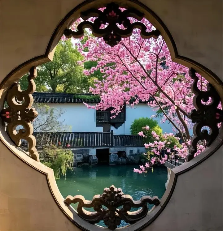 Spring scenery in a Suzhou Classical Garden during a Suzhou Day Trip from Shanghai, with blooming flowers and traditional pavilions.
