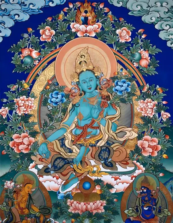 Tibetan Thangka depicting Green Tara, the compassionate Buddhist deity, in traditional Tibetan style