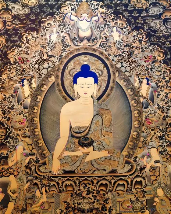 Tibetan Thangka depicting Shakyamuni Buddha with vibrant colors and intricate details