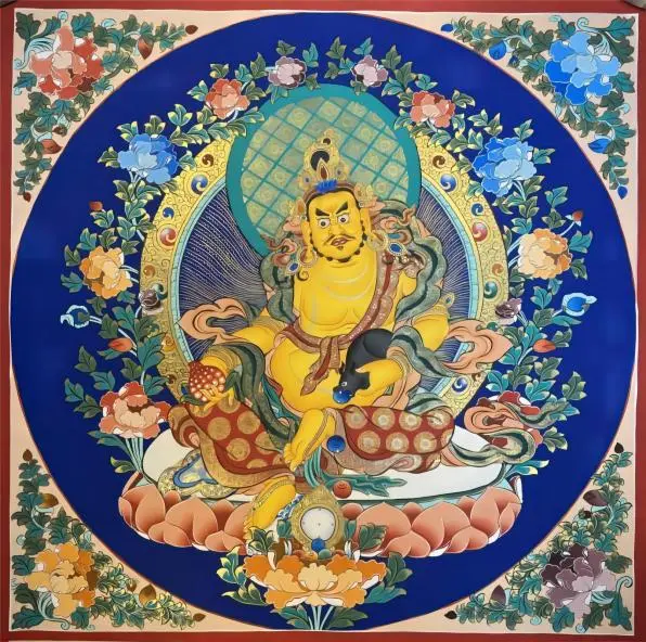 Hand-painted Tibetan Thangka of Yellow Jambhala, capturing intricate patterns and colors