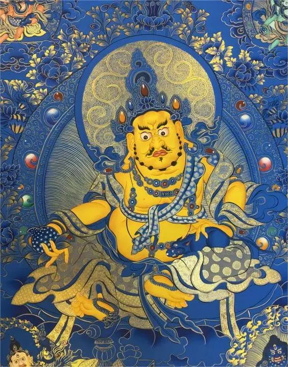 Tibetan Thangka of Yellow Jambhala, traditional Tibetan Buddhist deity painting