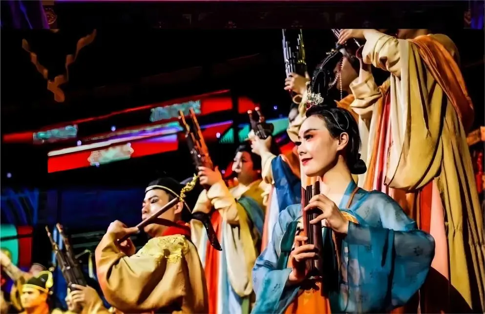 Taoist priests performing Xi’an Drum Music at the City God Temple, showcasing ancient instruments and traditional costumes.