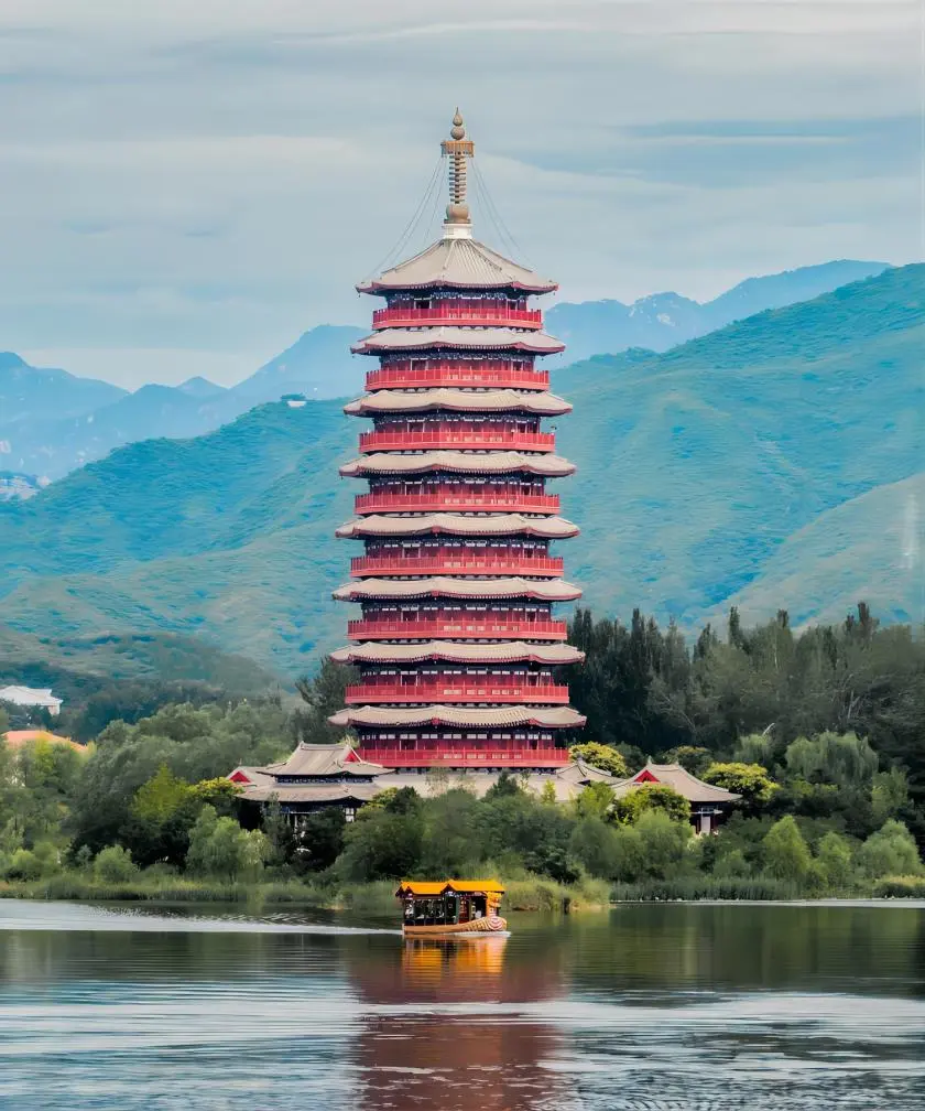 View of Yanqi Pagoda overlooking Yanqi Lake, Beijing, providing panoramic scenery from the observation deck.