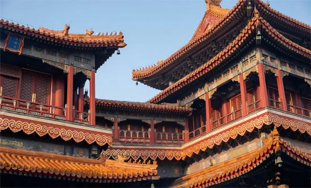 Detailed view of Yonghe Lama Temple’s traditional Chinese and Tibetan architectural features.