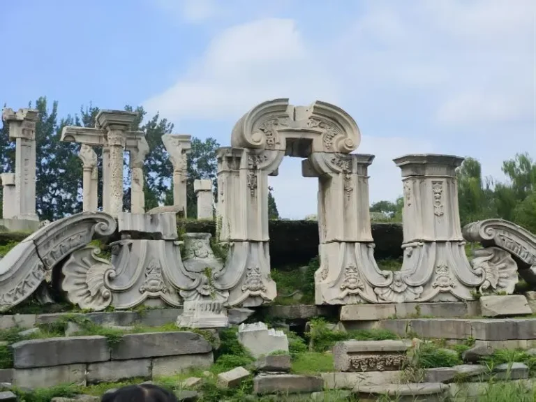 Ruined stone columns at Yuanmingyuan (Old Summer Palace), Beijing, remnants of the historic Western Mansions.