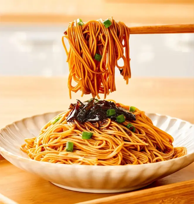 A bowl of classic Shanghai scallion oil noodles with fragrant scallion oil and chewy noodles.