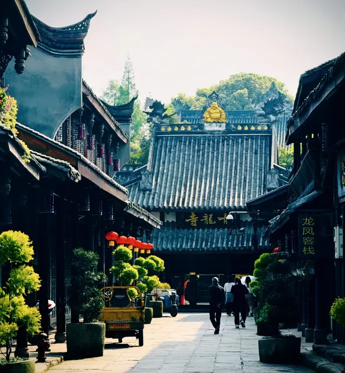 Gulong Temple in Huanglongxi Ancient Town, known for its ancient banyan tree and riverside setting