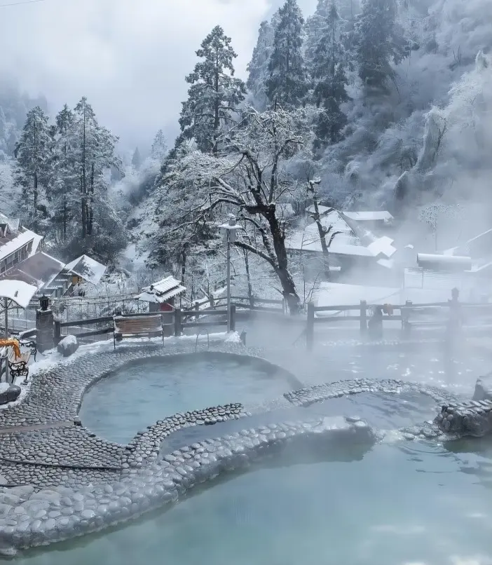 Hot springs at the foot of Hailuogou Glacier, where ice and steam meet