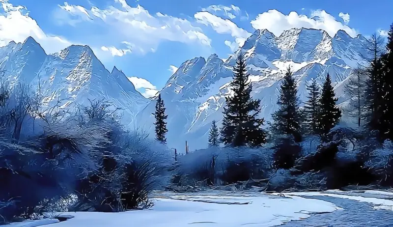 Hailuogou Glacier near Moxi Ancient Town, a famous low-altitude glacier beneath Mount Gongga