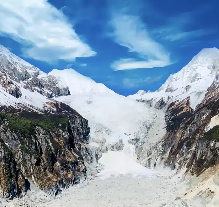 Wide view of Hailuogou Glacier with Mount Gongga in the background, western Sichuan