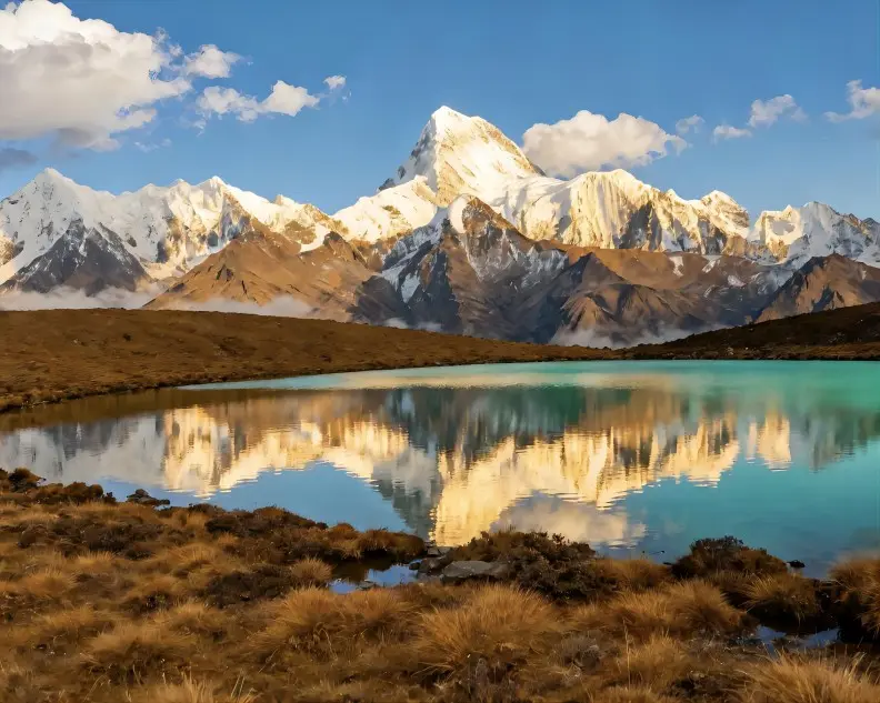 Mirror-like reflection of snow peaks on Red Sea Lake Hong Haizi on a calm day
