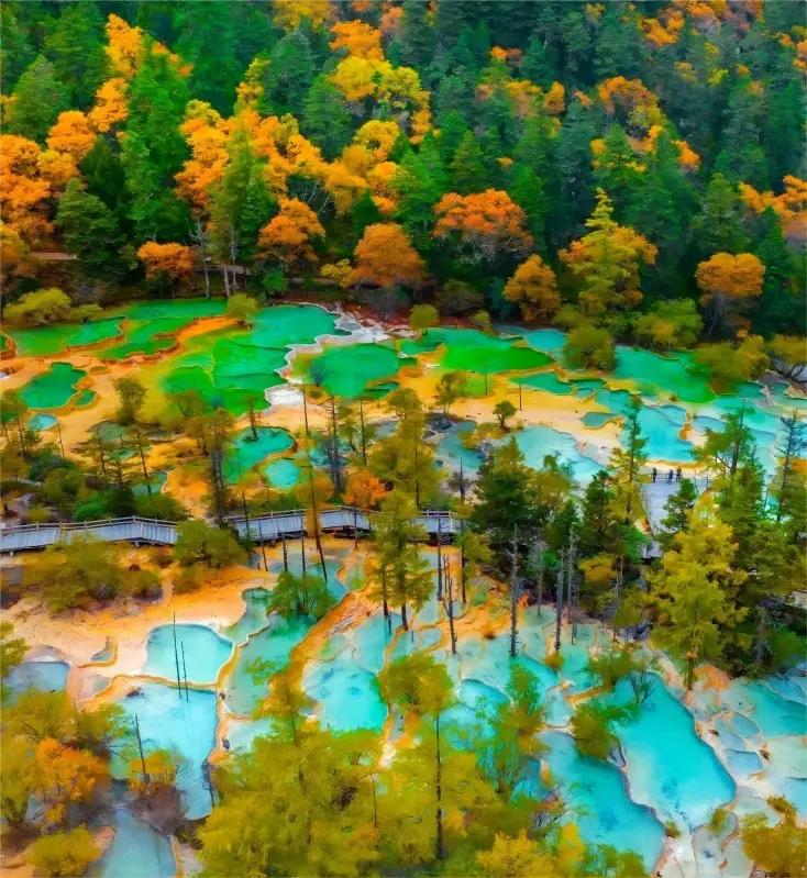 Autumn scenery at Huanglong Scenic Area with colorful travertine pools and forests, Sichuan, China