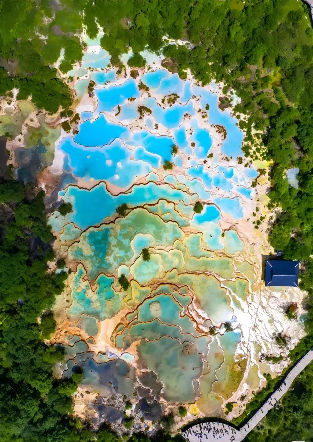 Aerial view of Five-Color Ponds at Huanglong Scenic Area, Sichuan, China