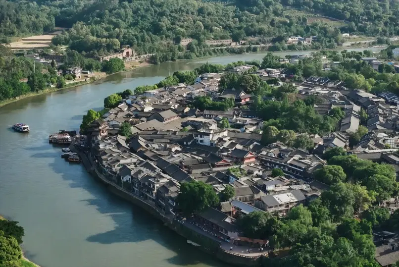 Aerial view of Huanglongxi Ancient Town where three rivers meet, creating a classic Sichuan water town landscape