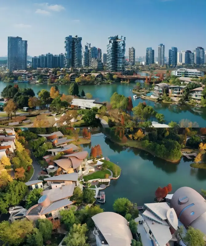 Panoramic view of Luxelakes Eco-city, blending urban landscape with lake and natural scenery