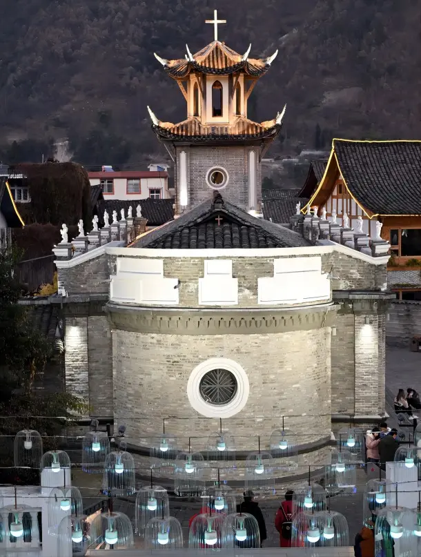 Moxi Catholic Church in Moxi Ancient Town, a historic landmark blending Gothic and Tibetan architecture in western Sichuan