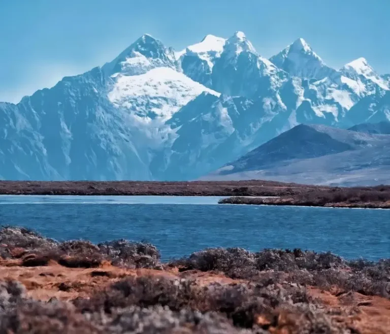 Red Sea Lake Hong Haizi with snow mountains rising in the background in western Sichuan