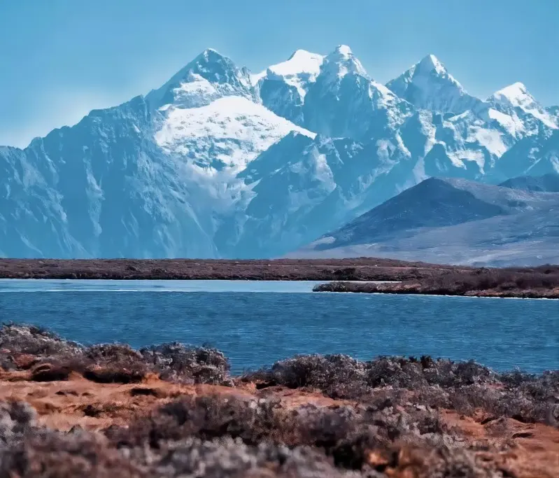 Red Sea Lake Hong Haizi with snow mountains rising in the background in western Sichuan