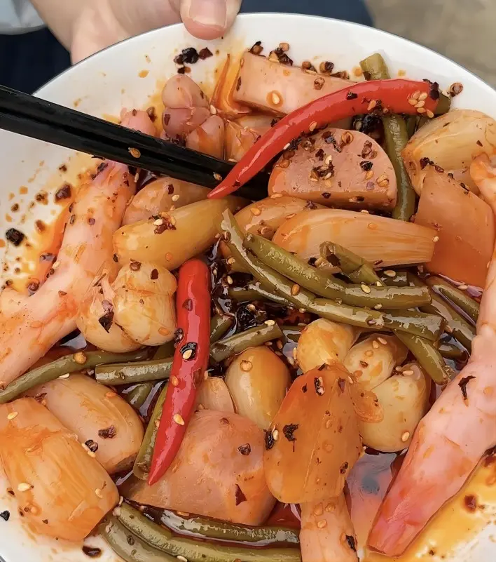 Sichuan pickles mixed with chili oil, a popular Chengdu appetizer