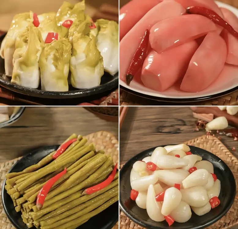 Assorted Sichuan pickles including radish, long beans, and jiao tou