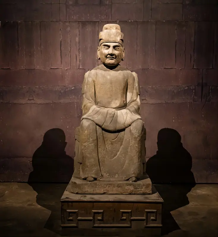 Stone statue of Emperor Wang Jian found inside Yongling Tomb, the only known portrait sculpture of a Chinese emperor in his mausoleum.